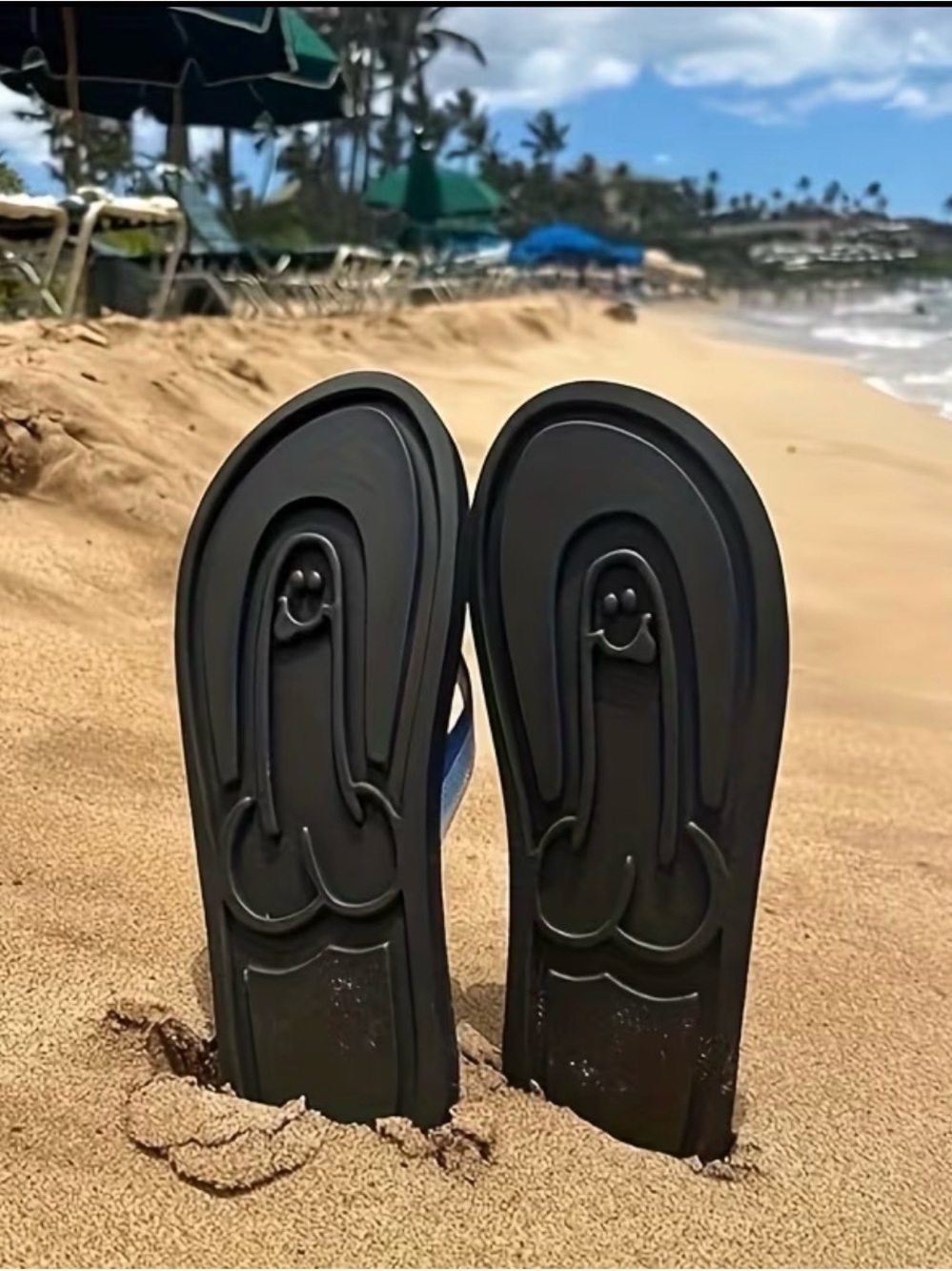 Men's Black Flip Flops with Blue Striped Straps - Picture 3 of 6